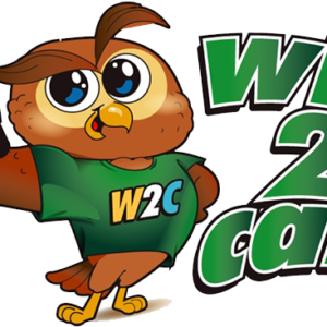 A cartoon owl wearing a green shirt and standing next to the words " w 2 c camp."